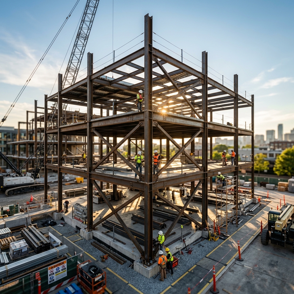 Professional construction site with steel framework and evening lighting
